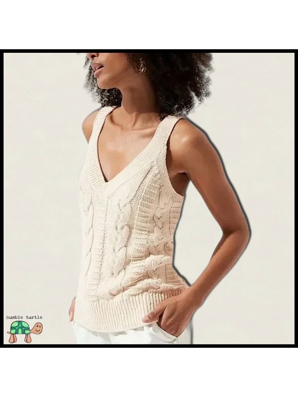Banana Republic Cream Deep V-Neck Cable-Knit Sweater Tank Top | Size S | EUC